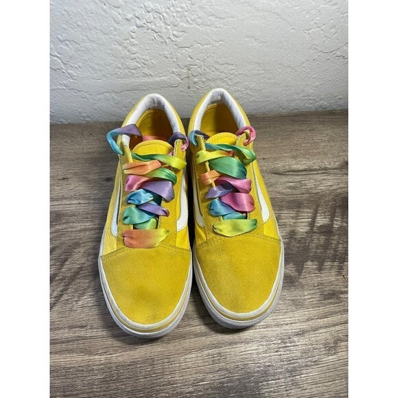VANS OLD KIDS SKOOL SKATE SIZE 4.5 BRIGHT YELLOW RIBBON RAINBOW LACES SNEAKERS - Picture 2 of 6